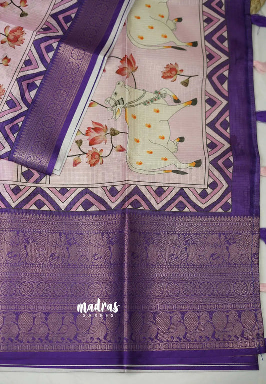 Shalini - Pichwai Printed kota semi silk saree with rich banarasi border - Mild Lavender