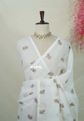 Snow White - Shalini - Premium Super Net Saree with Embroidery Buttas and Applique Work Pallu - Best for Office Wear / Hightea party