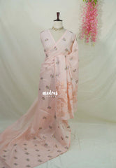 Creamy Blush Peach - Shalini - Premium Super Net Saree with Embroidery Buttas and Applique Work Pallu - Best for Office Wear / Hightea party