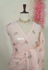 Creamy Blush Peach - Shalini - Premium Super Net Saree with Embroidery Buttas and Applique Work Pallu - Best for Office Wear / Hightea party