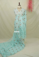 Creamy Turquoise Blue - Shalini - Premium Super Net Saree with Embroidery Buttas and Applique Work Pallu - Best for Office Wear / Hightea party