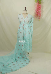 Creamy Turquoise Blue - Shalini - Premium Super Net Saree with Embroidery Buttas and Applique Work Pallu - Best for Office Wear / Hightea party