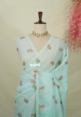 Creamy Turquoise Blue - Shalini - Premium Super Net Saree with Embroidery Buttas and Applique Work Pallu - Best for Office Wear / Hightea party