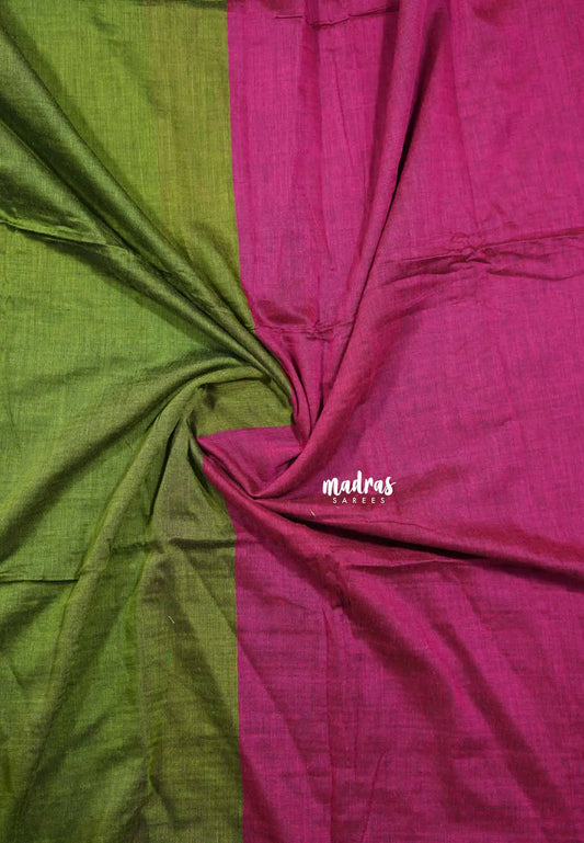 Chutney green with pink pallu - Soft khadi with contrast pallu and blouse  - Shruti