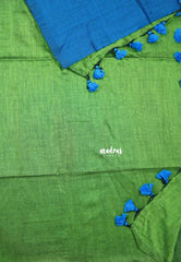 Royal Blue with green pallu - Soft khadi with contrast pallu and blouse - Shruti