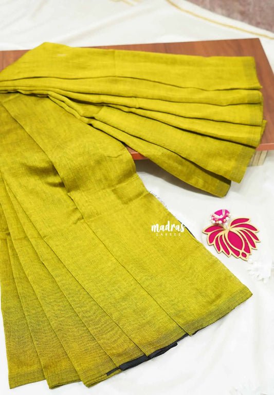 Greenish yellow body with black pallu - Soft khadi with contrast pallu and blouse  - Shruti