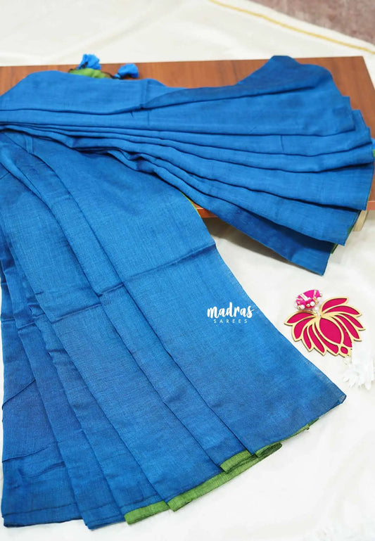 Royal Blue with green pallu - Soft khadi with contrast pallu and blouse - Shruti