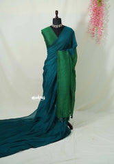 (PRE-BOOKING) khadi contrast pallu Cyan Blue with green pallu - Shruti