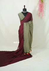khadi contrast pallu Maroon with Khaki - Leo Trisha saree - Shruti