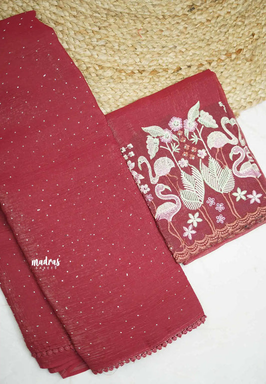 SHWETA - Soft Crunchy Jimmy choo saree with Embroidery work blouse - Beetroot red