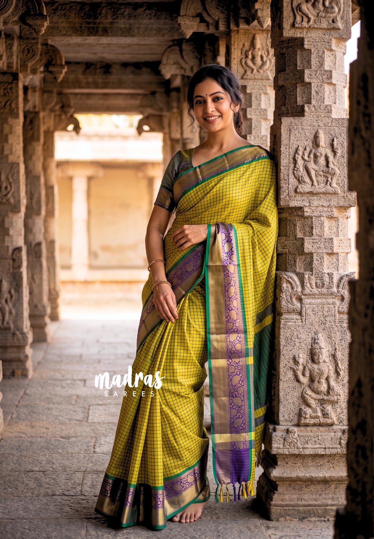 Yellowish Green - Sico Gadwal checks with Floral Zari Border - Perfect for Wedding Functions