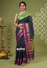 Midnight Blue - Sico Gadwal Semi Silk Checks with Ganga Jamuna Border - Best for Wedding Functions