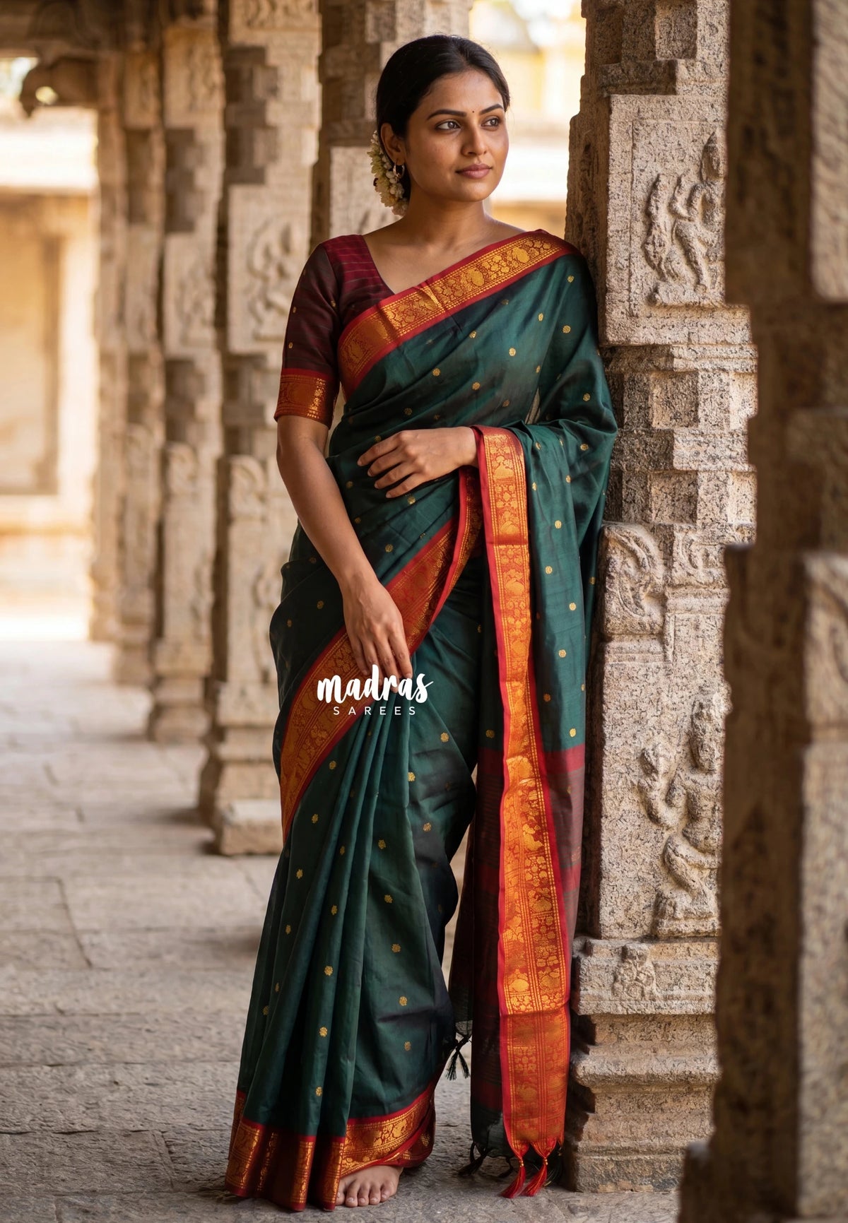 Midnight Green - Sico Gadwal semi silk Saree with Double Mayil Border - Best for Wedding Functions