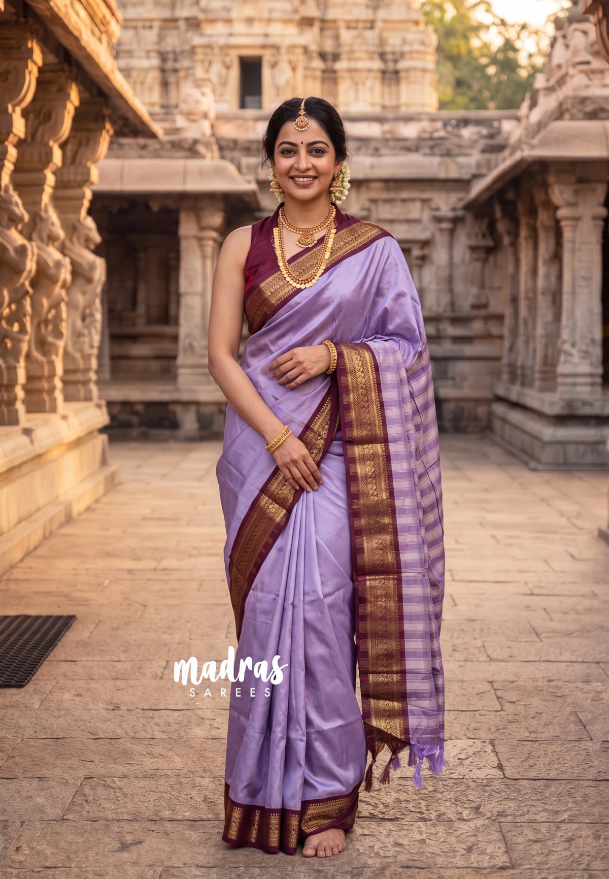 Lavender Purple - Sico Gadwal Semi Silk Bird Border - Best for Small Functions