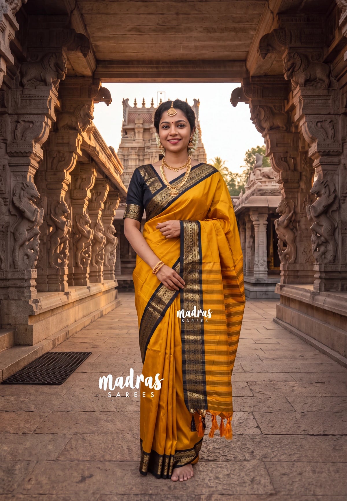 Turmeric Yellow - Sico Gadwal Semi Silk Bird Border - Best for Small Functions