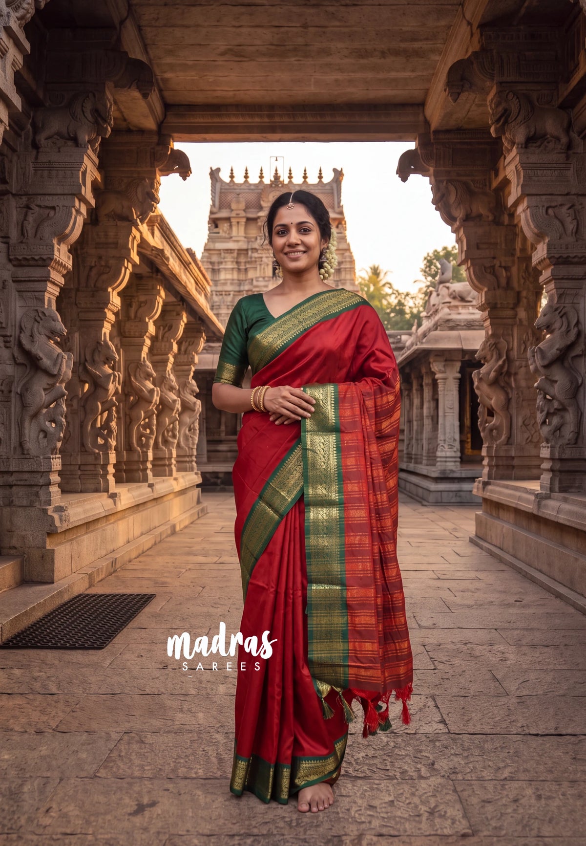 Spicy Red - Sico Gadwal Semi Silk Bird Border - Best for Small Functions