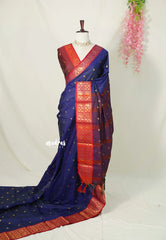 Navy Blue - Sico Gadwal semi silk Saree with Double Mayil Border - Best for Wedding Functions