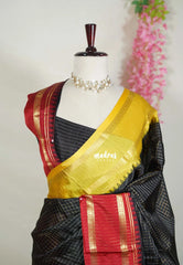 Midnight Black - Sico Gadwal Semi Silk Checks with Ganga Jamuna Border - Best for Wedding Functions