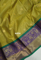 Yellowish Green - Sico Gadwal checks with Floral Zari Border - Perfect for Wedding Functions