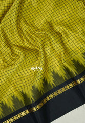 Greenish Yellow - Sico Gadwal checks with Rudraksham and Temple Border - Perfect for Wedding Functions