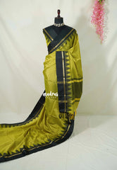 Greenish Yellow - Sico Gadwal checks with Rudraksham and Temple Border - Perfect for Wedding Functions