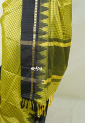 Greenish Yellow - Sico Gadwal checks with Rudraksham and Temple Border - Perfect for Wedding Functions