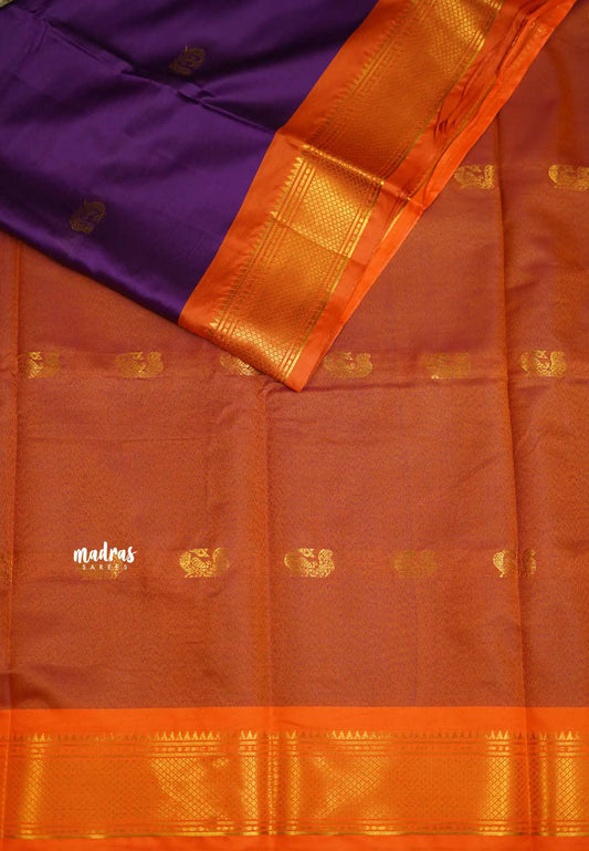 Sico Gadwal semi silk Purple body with orange border saree