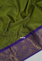 Fresh Olive Green - Sico Gadwal Semi Silk Zari Muthukattam with Floral Border - Best for Small Functions