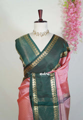 Lotus Peach Pink - Sico Gadwal Semi Silk Checks with Rettapet Mango Border - Best for Wedding Functions
