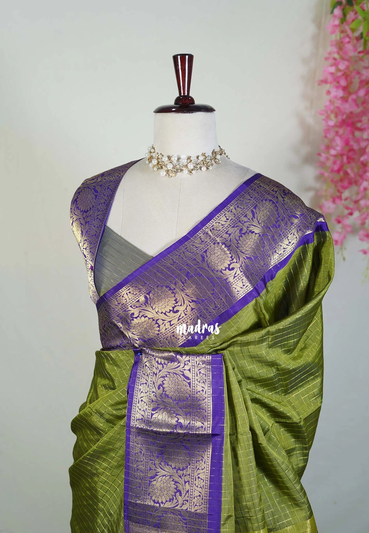Fresh Olive Green - Sico Gadwal Semi Silk Zari Muthukattam with Floral Border - Best for Small Functions