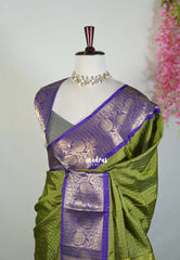 Fresh Olive Green - Sico Gadwal Semi Silk Zari Muthukattam with Floral Border - Best for Small Functions