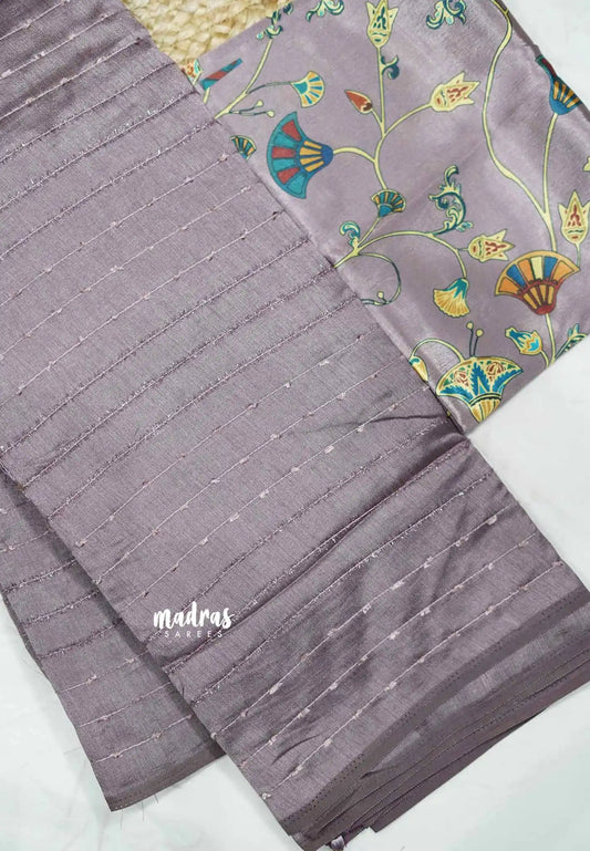 Silk Linen Embellished Saree with designer blouse - Dusty purple