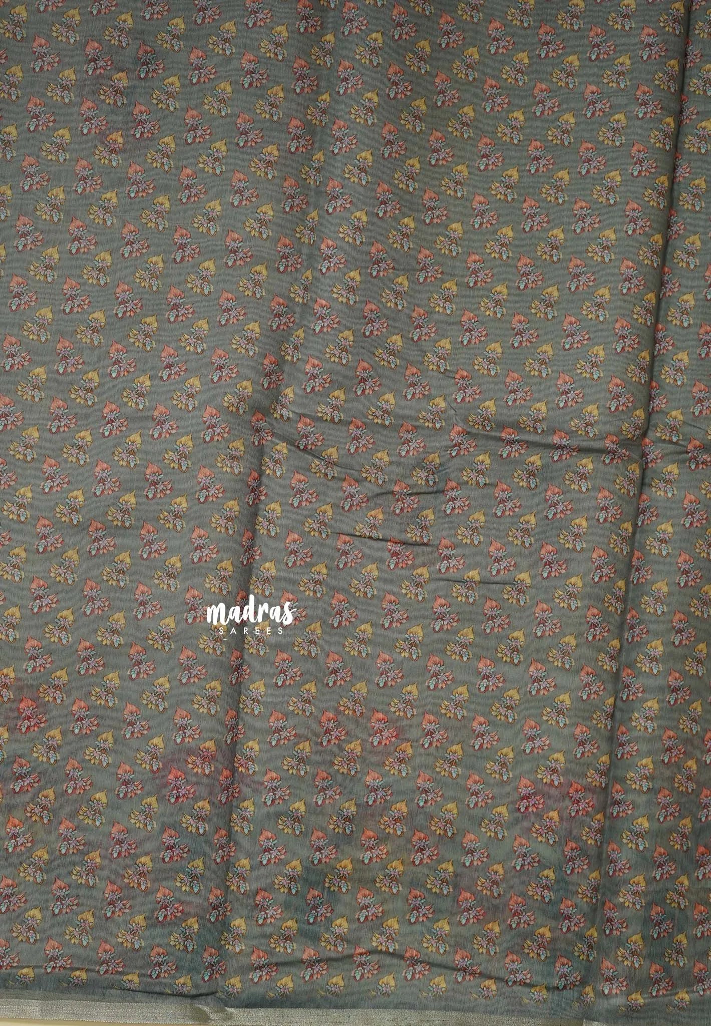 Grey - Silk Linen Floral Prints with Tiny Border