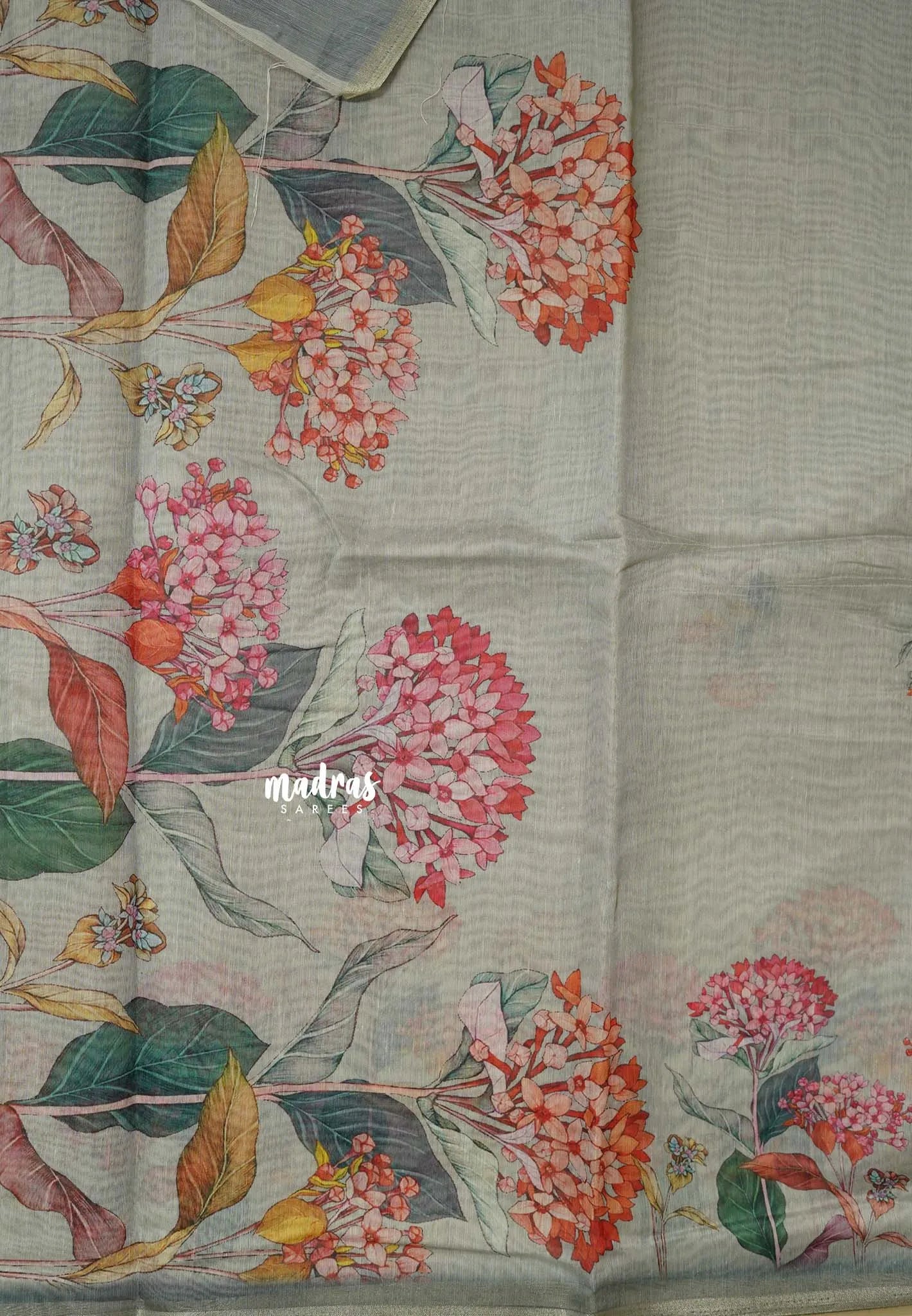 Grey - Silk Linen Floral Prints with Tiny Border