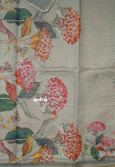 Grey - Silk Linen Floral Prints with Tiny Border