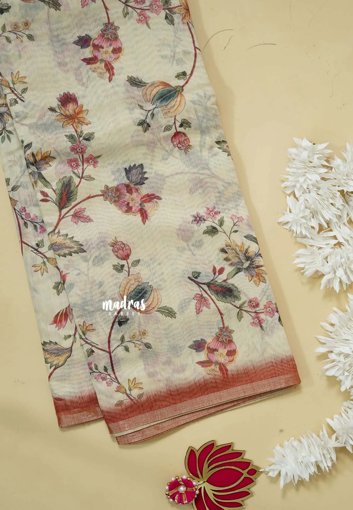 Ivory Cream - Silk Linen Floral Prints with Tiny Border