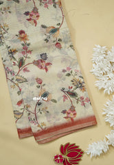 Ivory Cream - Silk Linen Floral Prints with Tiny Border