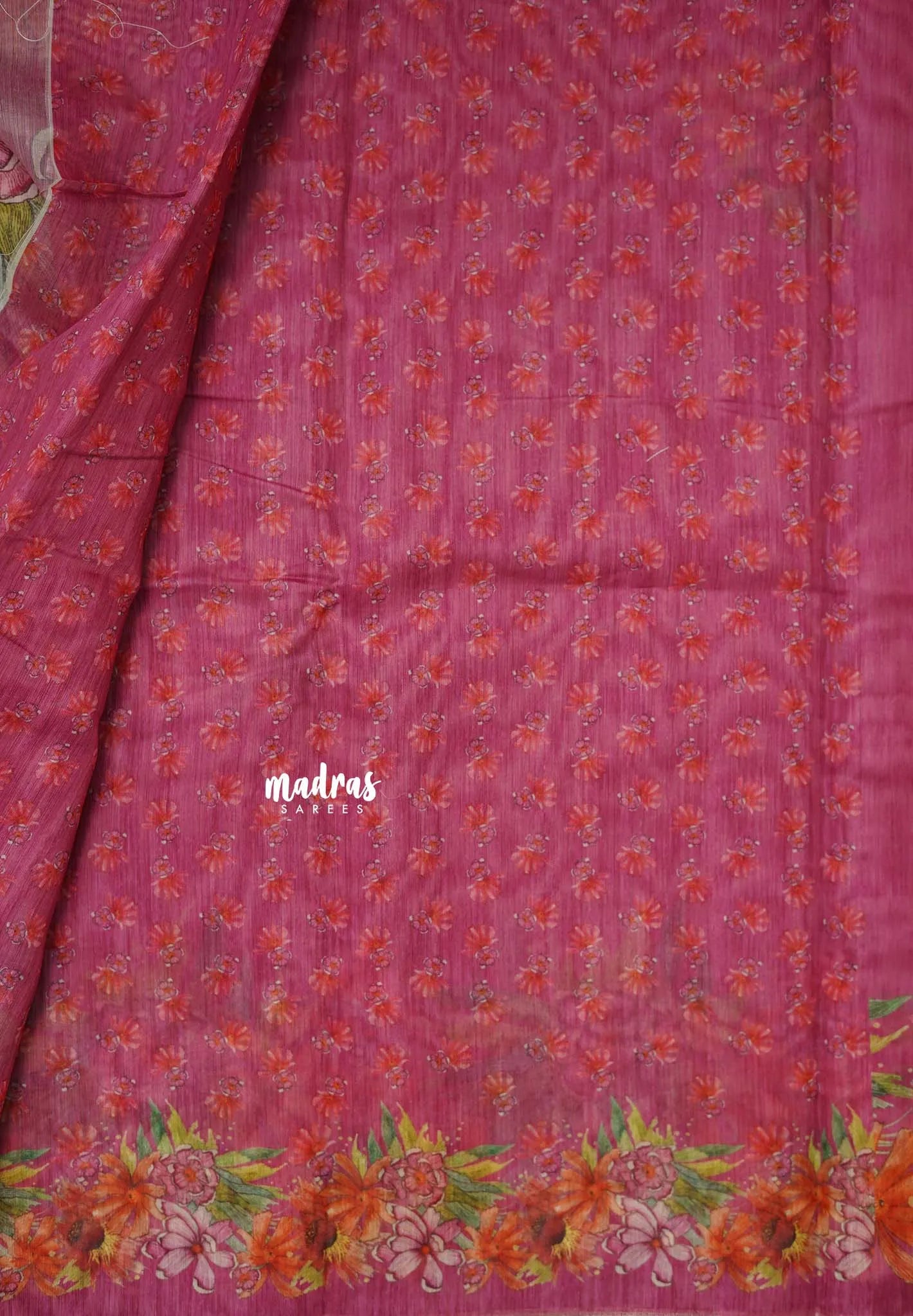 Mystic Magenta - Silk Linen Floral Prints with Tiny Border