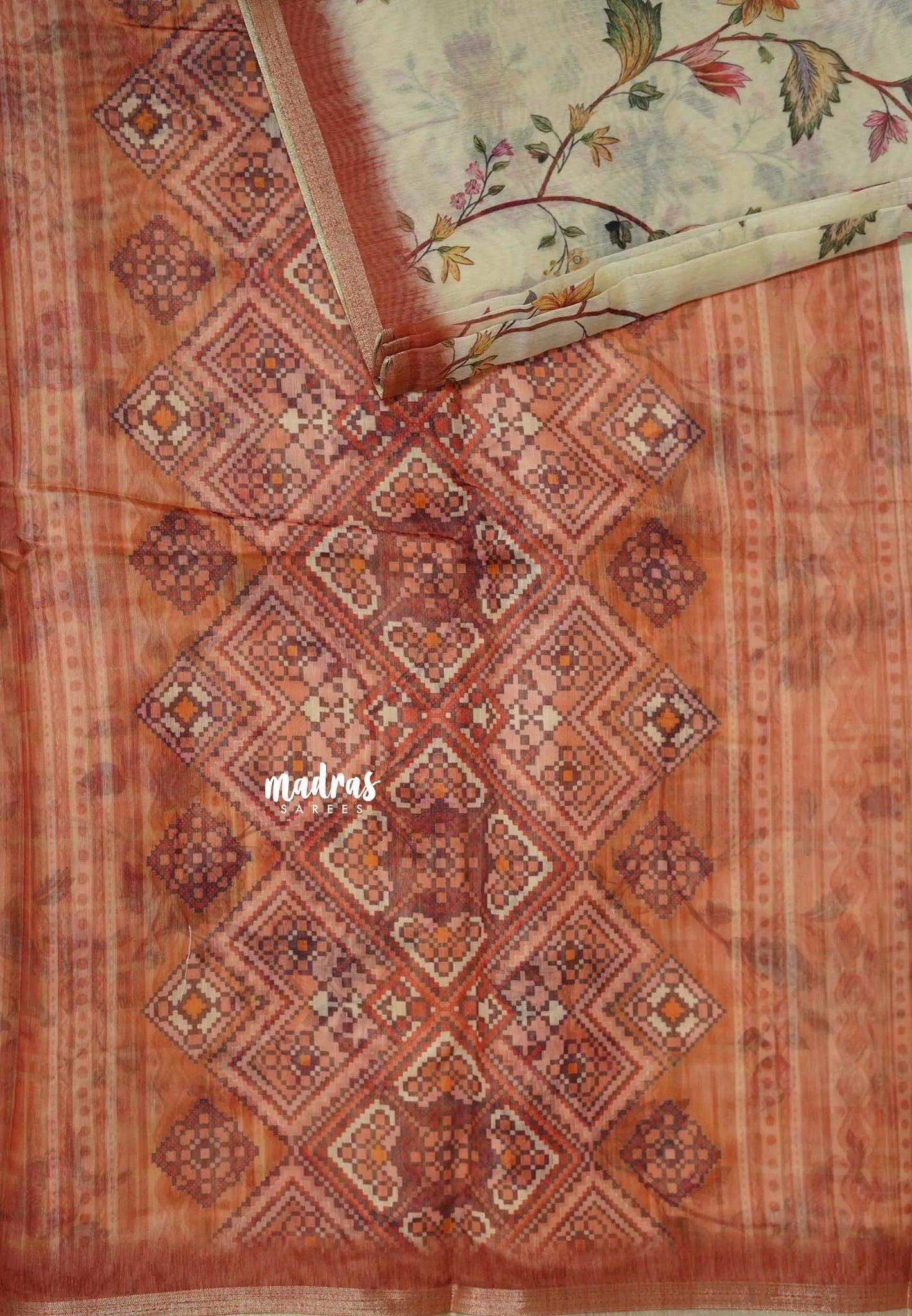 Ivory Cream - Silk Linen Floral Prints with Tiny Border