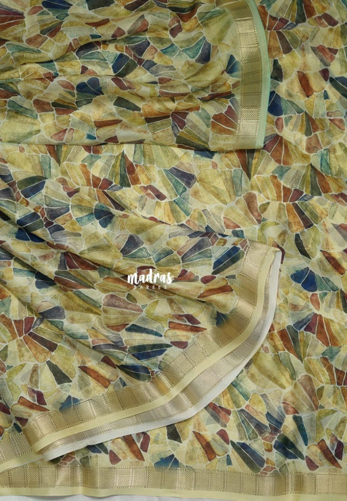 Creamy Yellow - Silky Georgette with Digital Prints and Zari Border - Perfect for Office Wear