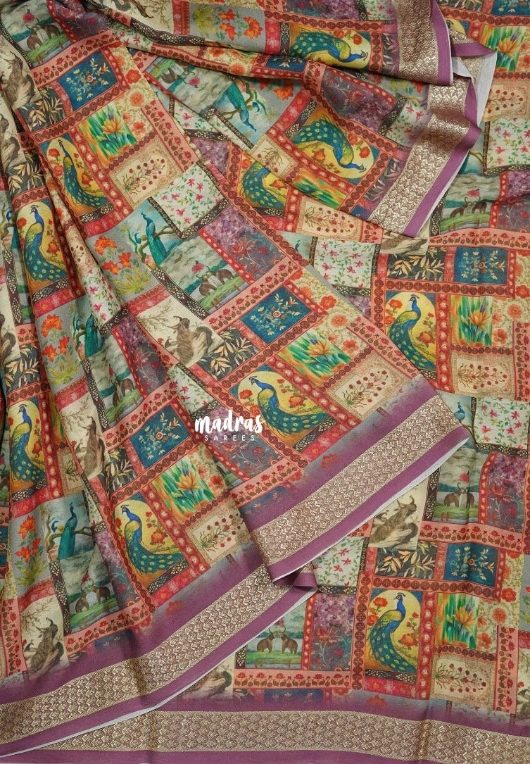 Multicolor with Mauve Pink - Silky Georgette with Art Prints with Zari Border - Perfect for Office Wear