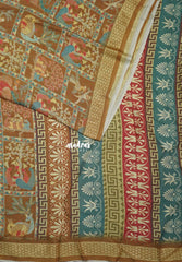 Multicolor with Mustard Brown - Silky Georgette with Art Prints with Zari Border - Perfect for Office Wear