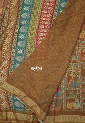 Multicolor with Mustard Brown - Silky Georgette with Art Prints with Zari Border - Perfect for Office Wear