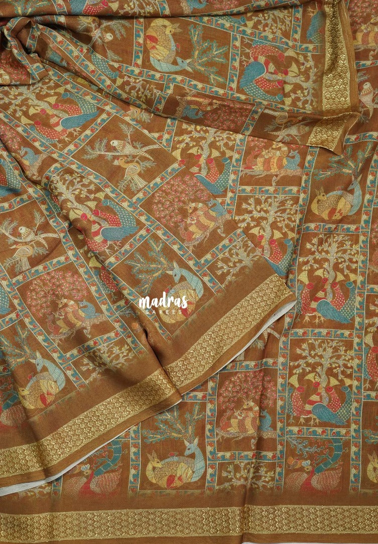 Multicolor with Mustard Brown - Silky Georgette with Art Prints with Zari Border - Perfect for Office Wear