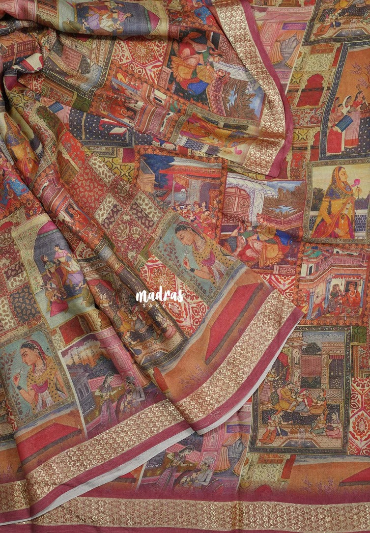 Multicolor with Rosewood Pink - Silky Georgette with Art Prints with Zari Border - Perfect for Office Wear