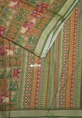 Multicolor with Dark Olive - Silky Georgette with Art Prints with Zari Border - Perfect for Office Wear