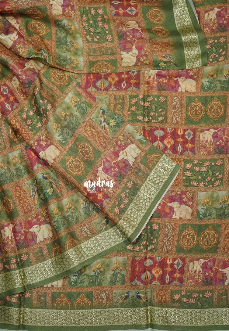 Multicolor with Dark Olive - Silky Georgette with Art Prints with Zari Border - Perfect for Office Wear