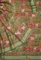 Multicolor with Dark Olive - Silky Georgette with Art Prints with Zari Border - Perfect for Office Wear