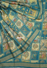 Multicolor with Teal Blue - Silky Georgette with Art Prints with Zari Border - Perfect for Office Wear