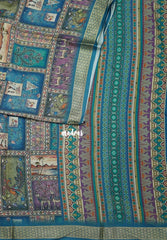 Multicolor with Peacock Blue - Silky Georgette with Art Prints with Zari Border - Perfect for Office Wear